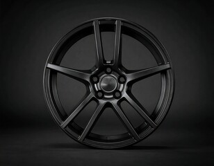 Obraz premium Sleek, dark automotive wheel with five distinct spokes, starkly contrasted