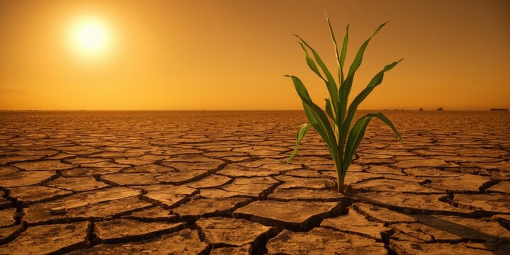 Agricultural drought effect with single robust corn stalk under blazing sun