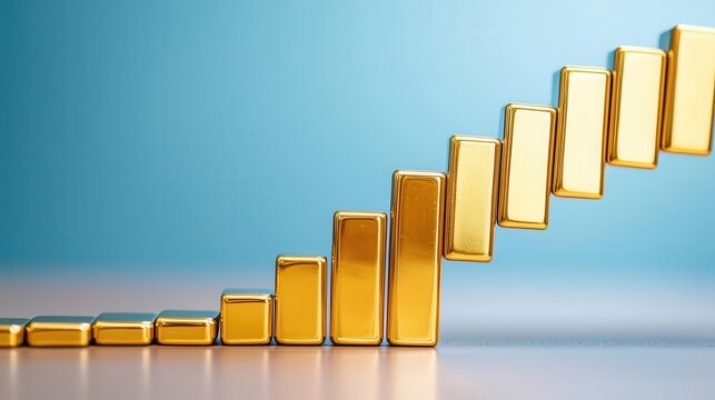 Golden dominoes shaped like economic bars toppling in sequence, luxury decline theme