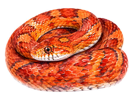 Watercolor illustration of a coiled orange corn snake isolated on white
