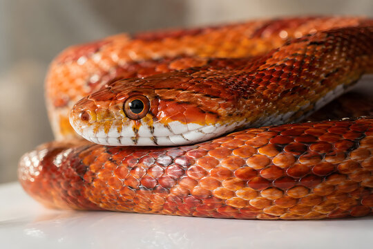 Vibrant orange corn snake coiled on a clean white surface
