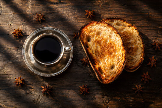 Black coffee with toasted bread on a rustic wooden table