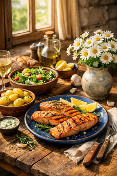 Grilled salmon fillets on a rustic wooden table