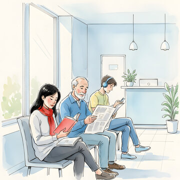 Diverse people sitting in a modern waiting room