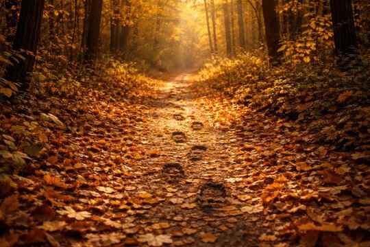 Sunlit golden leaves cover a woodland path with visible footsteps in autumn