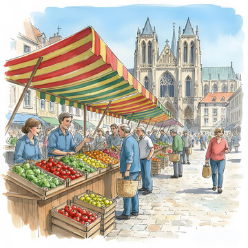 Bustling outdoor farmers market in a historic European square