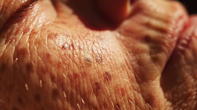 Extreme macro shot showing elderly human skin with deep wrinkles and pigmentation spots. Represents aging process and dermatological health. Ideal for medical or skincare educational content.