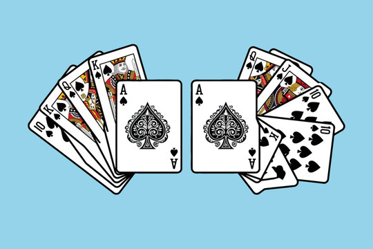 Ace of Spades and royal flush fanned cards on blue background