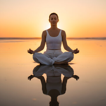 Woman meditating on a beach at sunset with reflection