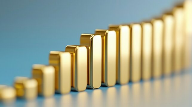Golden dominoes shaped like economic bars toppling in sequence, luxury decline theme