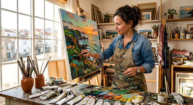 A female artist using a palette knife on a canvas in her sunlit studio
