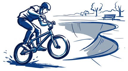 Fototapeta premium BMX rider performing stunts at a skatepark bowl. Blue sketch illustration of urban extreme sports. Active lifestyle vector graphic design.