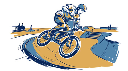 BMX rider performing stunts in a skatepark. Extreme sports illustration. Youthful active lifestyle concept. Vector graphic background. © DandiPdn