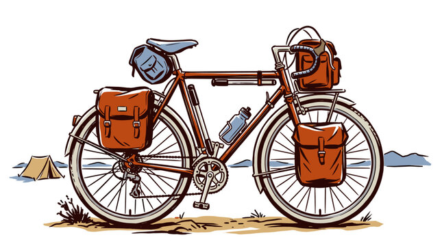 Vintage touring bicycle with leather panniers. Bikepacking adventure illustration. Outdoor camping trip in desert landscape. Cycle tourism art.