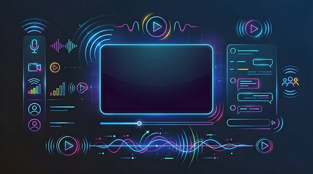 An abstract vector illustration of a futuristic live streaming or video broadcasting user interface. The design features a central blank video player screen surrounded by glowing neon control elements