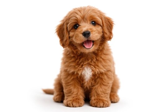 Inquisitive red Cobberdog puppy facing forward smiling on simple white background
