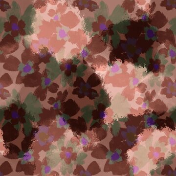 Abstract Digital Painting Watercolor Ditsy Flowers and Leaves Seamless Camouflage Pattern with Tie Dye Batik Background