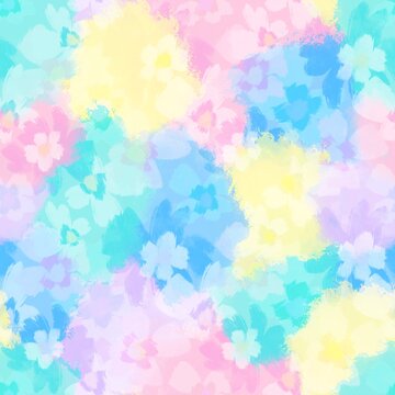 Abstract Digital Painting Watercolor Ditsy Flowers and Leaves Seamless Camouflage Pattern with Tie Dye Batik Background