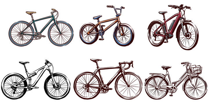 Different bicycle types vector illustration set. Mountain, road, city, e-bike and bmx cycle collection. Eco friendly transport graphic design.