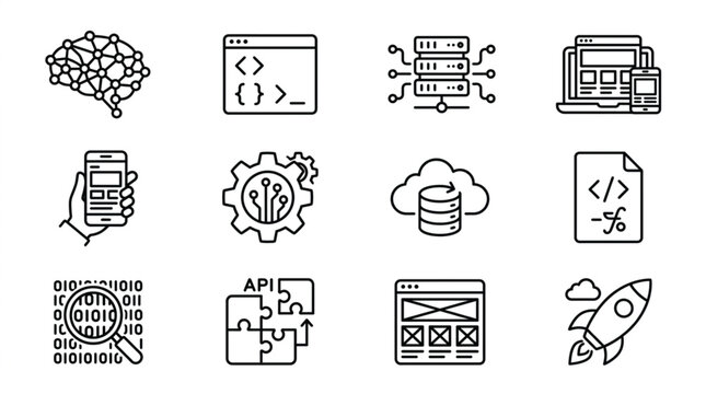 Collection of technology and programming icons in a grid layout.