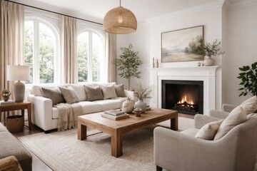 Fototapeta premium Stylish living room setting with crisp white walls and a cozy fireplace digital mockup