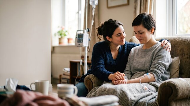 Woman comforts friend receiving IV treatment at home