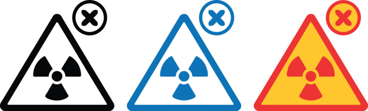 Nuclear ban icon set, radioactive danger and prohibition symbols in flat vector style for safety warning and environmental protection design