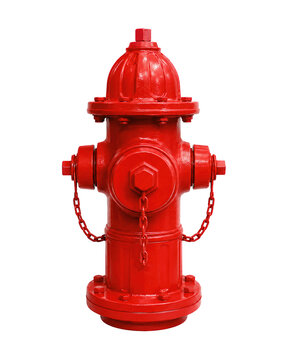Front view of a red fire hydrant isolated on a white background, emergency water supply equipment for firefighting, urban safety infrastructure, industrial metal hydrant with chain caps and glossy fin