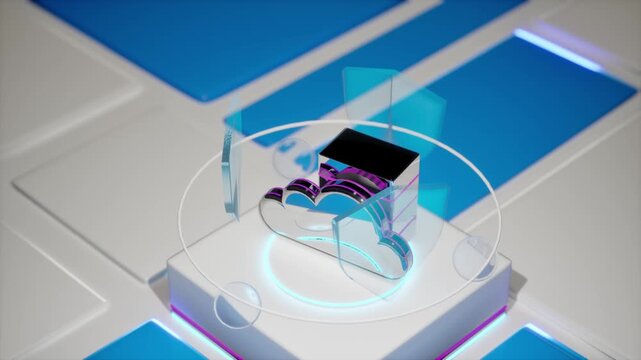 Cloud storage icon with flowing data streams rotates on a glowing blue high-tech pedestal with holographic ring. Perfect for cloud computing, data center, backup, server, big data, and SaaS content.