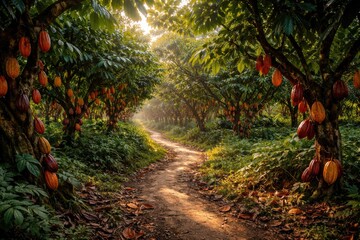 Fototapeta premium Winding path through lush cocoa plantation with vibrant ripe pods