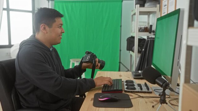 Man holding camera and typing with right hand at keyboard in studio with green screen and microphone visible; focused workflow.