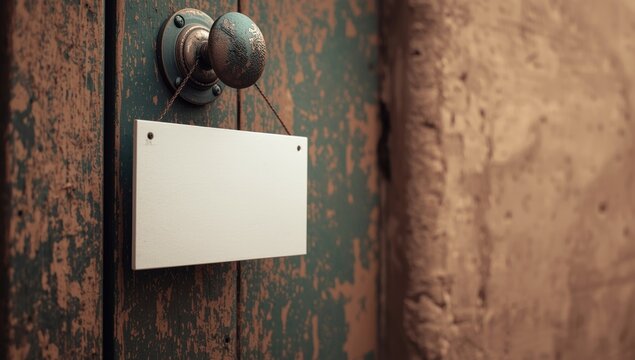 Blank sign plate hanging on rustic metal door knob with textured wall