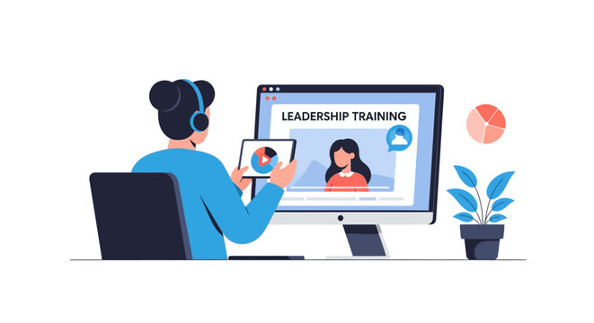Professional Leadership Training and Online E-Learning Concept - Flat Vector Illustration