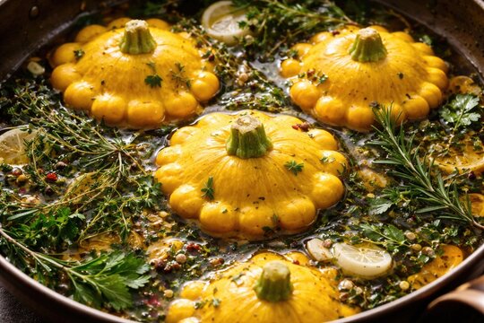 Tender yellow patisson immersed in herbs and marinade for plant cuisine