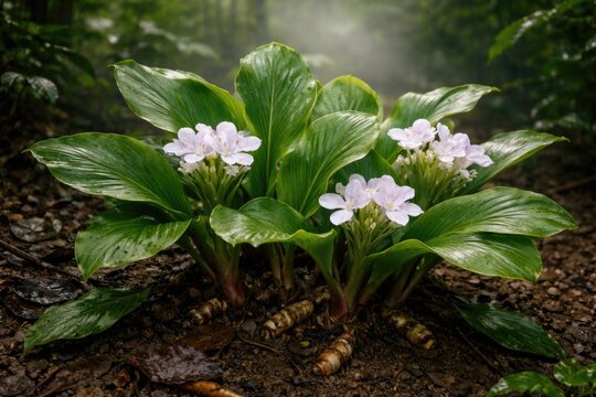 Sand Ginger plant Kaempferia galanga exhibiting fragrant herbal leaves and blooms