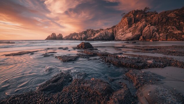 Breathtaking beach with prominent rocky terrain and tide pools