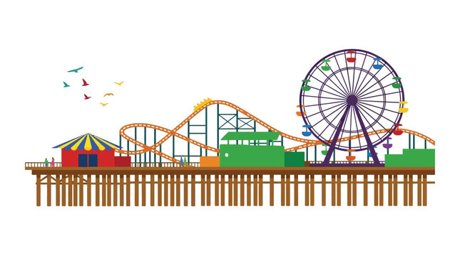 amusement park illustration with ferris wheel and roller coaster