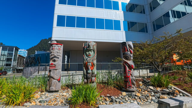 Juneau, Alaska - USA - August 5, 2024 - Totem Poles on South Franklin Street