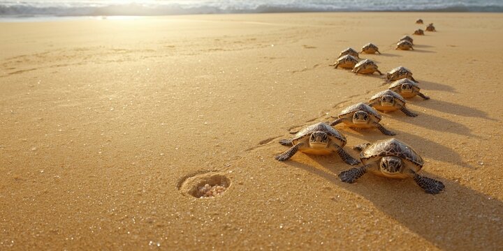 Cheerful leatherback turtle hatchlings crossing sandy coast to sea with copyspace for text