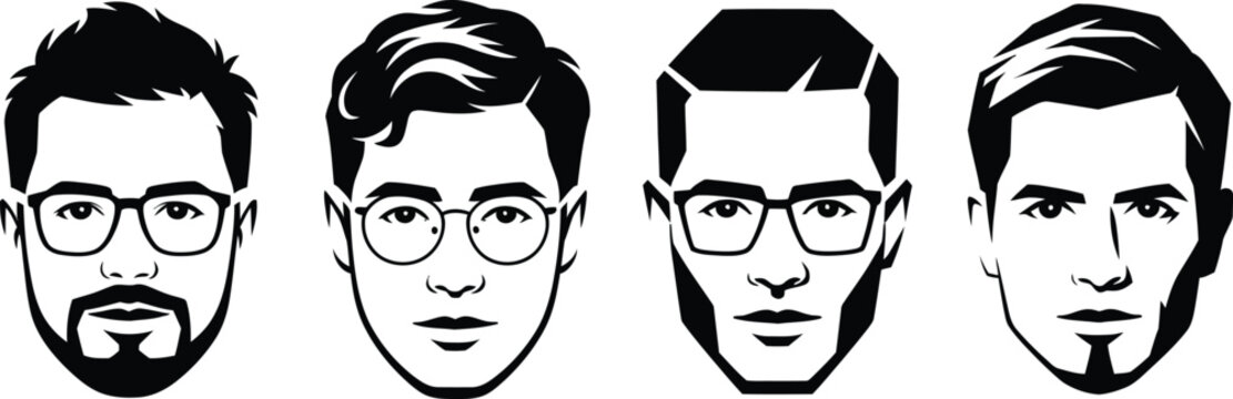 Four distinct male faces in black and white with diverse hairstyles and eyeglasses