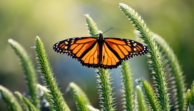 beautiful orange monarch butterfly resting on a green plant stem