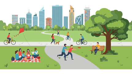 Obraz premium park scene with people and city skyline vector illustration