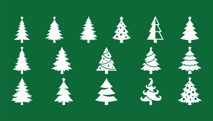 Obraz premium Vector New Year set with christmas trees. Evergreen trees with balls, stars and garlands. Fir trees