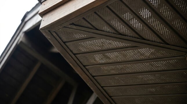 Detailed patterned metal soffit ventilation with tiny perforations under wooden eaves