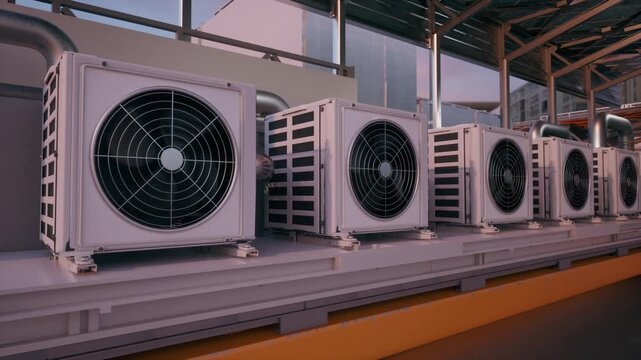 Long row of white outdoor HVAC air conditioner condenser units at an industrial facility. Perfect for HVAC, cooling, ventilation, climate control, air conditioning, and energy content.