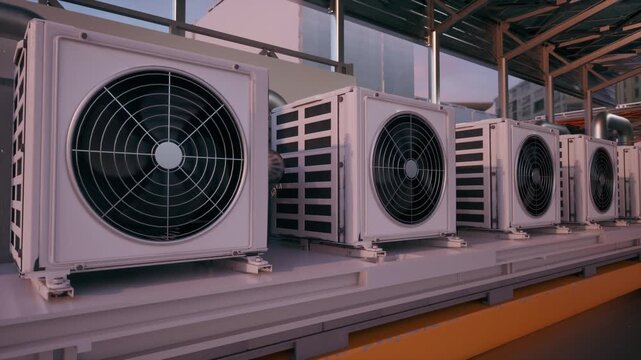 Long row of white outdoor HVAC air conditioner condenser units at an industrial facility. Perfect for HVAC, cooling, ventilation, climate control, air conditioning, and energy content.