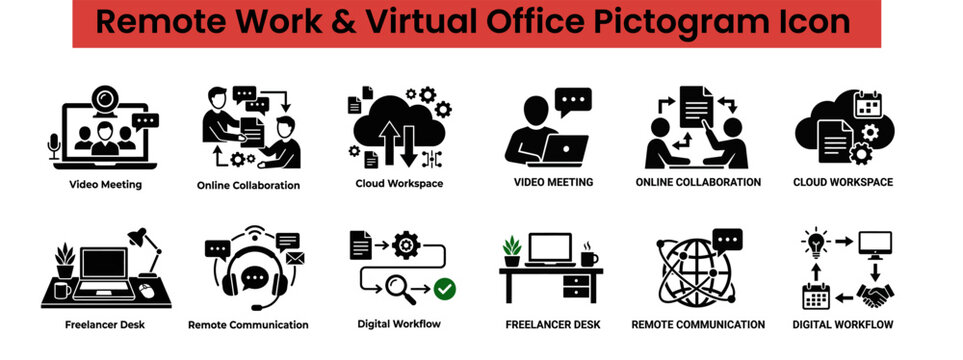 Remote work and virtual office pictogram icons set for digital workplace.