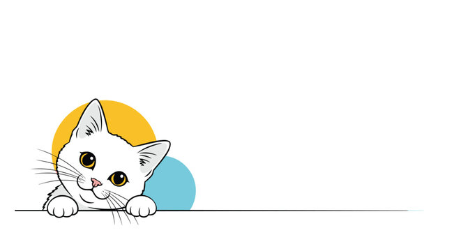 Adorable cartoon illustration of a tiny white kitten peeking over a white edge against a bright yellow and blue background.