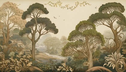 vintage trees forest drawing european antique wallpaper mural