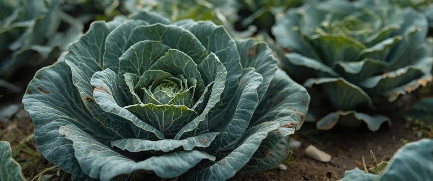 Cabbage Plants with Downy Mildew Symptoms Agricultural Field Close-Up, Detailed Texture